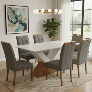 Mesa Amora BA35 160 Canela/Off White com 6 Cadeiras Sophia Veludo Cinza Grafite – KAPPESBERG + WM DECOR