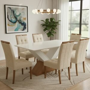 Mesa Amora BA35 160 Canela/Off White com 6 Cadeiras Sophia Linho Bege 200 – KAPPESBERG + WM DECOR