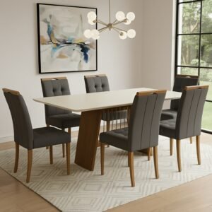 Mesa Damiana BA56 160 Canela/Off White com 6 Cadeiras Sophia Veludo Cinza Grafite – KAPPESBERG + WM DECOR