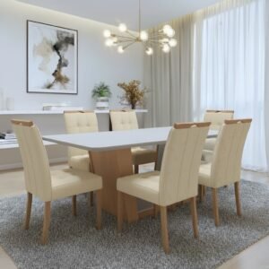 Mesa Apogeu (Tampo Maxi) 170 Amêndoa Clean/Off White com 6 Cadeiras Sophia Linho Bege 200 – LOPAS + WM DECOR