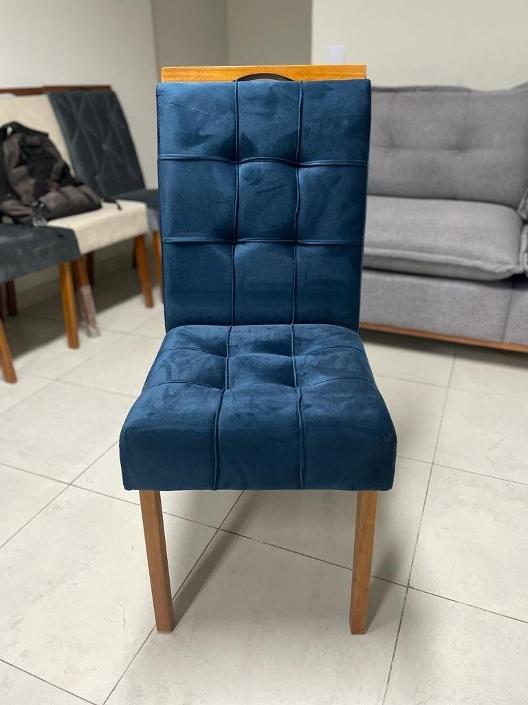 Mesa Athenas 180 Amêndoa Clean com 6 Cadeiras Sophia Veludo Azul – LOPAS + WM DECOR - Imagem 2