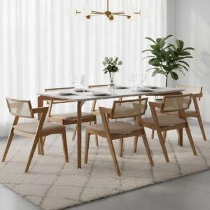 Mesa Roma 160 Canela/Off White com 6 Cadeiras Zeus Canela/Linho Bege – SALA VIP MOVELARIA