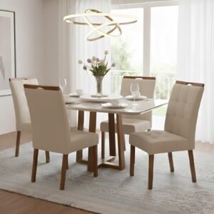 Mesa Pedro 90 Mel/Off White com 4 Cadeiras Sophia Linho Bege 200 – ART ASSENTOS + WM DECOR