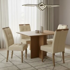 Mesa Pérola 120 Imbuia Mel (Tampo Viena s/vidro) com 4 Cadeiras Sophia Linho Bege 200 – CARVALHO DECOR + WM DECOR