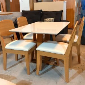 Mesa Pedro 90 Mel/Off White com 4 Cadeiras Havana Veludo Creme – ART ASSENTOS + RUFATO