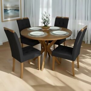 Mesa Redonda Simpatia 108 Cinamomo com 4 Cadeiras Sophia Veludo Preto – JCM MOVELARIA + WM DECOR