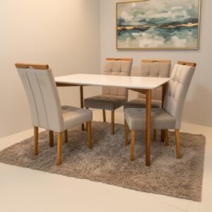 Mesa Ravena 120 Naturale/Off White com 4 Cadeiras Sophia Veludo Bege – CLEFATOS DECOR + WM DECOR
