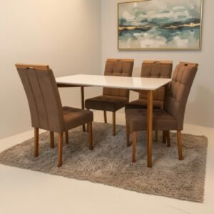 Mesa Ravena 120 Naturale/Off White com 4 Cadeiras Sophia Veludo Marrom – CLEFATOS DECOR + WM DECOR