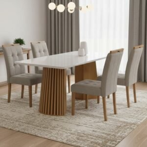 Mesa Nevada 120 (Tampo Smart Plus) Cinamomo/Off White com 4 Cadeiras Sophia Veludo Bege – CEL MÓVEIS + WM DECOR