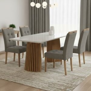 Mesa Nevada 120 (Tampo Smart Plus) Cinamomo/Off White com 4 Cadeiras Sophia Veludo Cinza Grafite – CEL MÓVEIS + WM DECOR