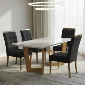 Mesa Dubai 120 (Tampo Londres) Cinamomo/Off White com 4 Cadeiras Sophia Veludo Preto – CEL MÓVEIS + WM DECOR