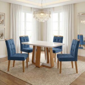 Mesa Sintonia (Tampo Maxi) 120 Amêndoa Clean/Off White com 4 Cadeiras Sophia Veludo Azul – LOPAS + WM DECOR