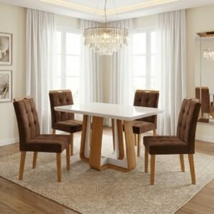 Mesa Sintonia (Tampo Maxi) 120 Amêndoa Clean/Off White com 4 Cadeiras Sophia Veludo Marrom – LOPAS + WM DECOR