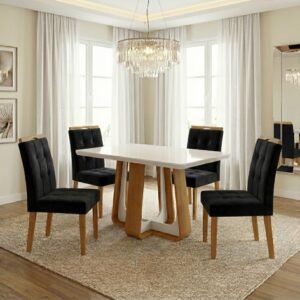 Mesa Sintonia (Tampo Maxi) 120 Amêndoa Clean/Off White com 4 Cadeiras Sophia Veludo Preto – LOPAS + WM DECOR
