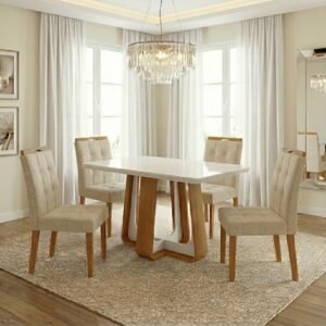 Mesa Sintonia (Tampo Maxi) 120 Amêndoa Clean/Off White com 4 Cadeiras Sophia Linho Bege 200 – LOPAS + WM DECOR