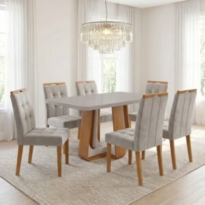 Mesa Sintonia (Tampo Maxi) 170 Amêndoa Clean/Off White com 6 Cadeiras Sophia Veludo Bege – LOPAS + WM DECOR