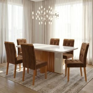 Mesa Astrid (Tampo Maxi) 170 Amêndoa Clean/Off White com 6 Cadeiras Sophia Veludo Marrom – LOPAS + WM DECOR