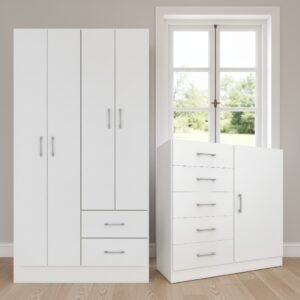 Guarda-Roupa 4 Portas Panamá 4002 + Cômoda 5 Gavetas Sapateira Miami Branco – FELLICCI