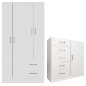 Guarda-Roupa 4 Portas Panamá 4002 + Cômoda 5 Gavetas Sapateira Miami Branco – FELLICCI