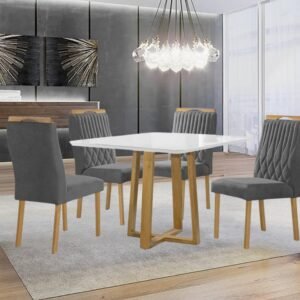 Mesa Pedro 90 Mel/Off White com 4 Cadeiras Gênova Veludo Cinza Grafite – ART ASSENTOS