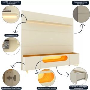 Painel até 85″ Royal 220 Off White + Rack Nobre 210 (Pés de Vidro) Off White/Naturale – GELIUS