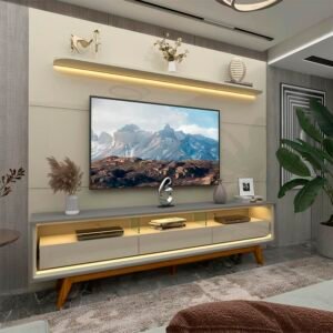 Painel até 85″ Royal 220 Off White + Rack Requinte 212 Cinza/Off White – GELIUS