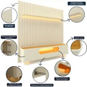 Painel até 85″ Nobre 230 Off White + Rack Nobre 210 (Pés de Vidro) Off White/Naturale – GELIUS