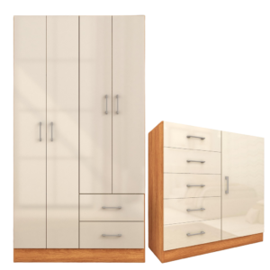 Guarda-Roupa 4 Portas Panamá 4002 + Cômoda 5 Gavetas Sapateira Miami Cinamomo/Off White – FELLICCI