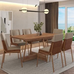 Mesa Átria 1592 Retangular 160 com 6 Cadeiras Hug 1749 Rosê Cobre/Linho Areia/Corino Caramelo – CARRARO