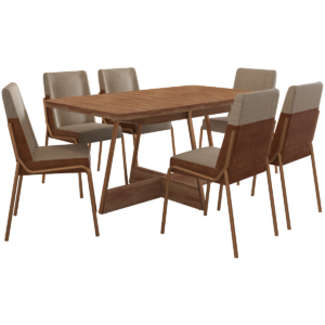 Mesa Átria 1592 Retangular 160 com 6 Cadeiras Hug 1749 Rosê Cobre/Linho Areia/Corino Caramelo – CARRARO
