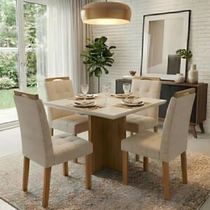Mesa Salinas 90 (Tampo Dakota c/ vidro) Cinamomo/Off White com 4 Cadeiras Sophia Linho Bege 200 – CEL MÓVEIS + WM DECOR