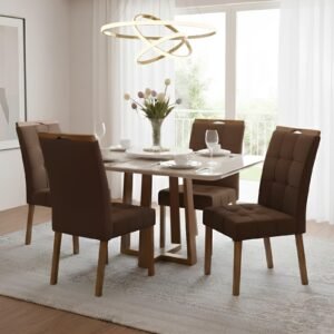 Mesa Pedro 90 Mel/Off White com 4 Cadeiras Sophia Veludo Marrom – ART ASSENTOS + WM DECOR