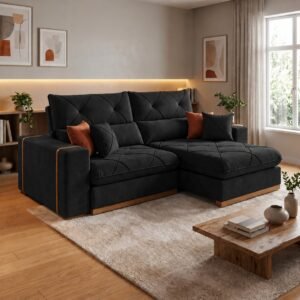 Sofá Retrátil e Reclinável Yara/Gran Bela/Gran Bello 2,50 m Veludo Preto 211 – R A ESTOFADOS