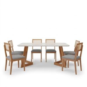 Mesa Caju 180 (C/Vidro) Madeira/Off White com 6 Cadeiras Palmas Linho Cinza Grafite – CIMOL