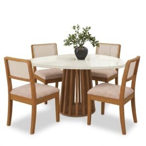 Mesa Lavanda BA45 135 Canela/Off White com 4 Cadeiras Lola 2CMM004CA Linho Areia A085A – KAPPESBERG
