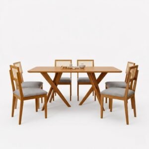 Mesa Cacau 180 (S/Vidro) Madeira/Cinamomo com 6 Cadeiras Palmas Linho Cinza Grafite – CIMOL