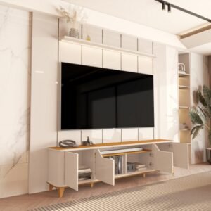 Painel até 75″ Lumi 2.19 Off White + Rack Aron Off White/Cedro – EDN MÓVEIS