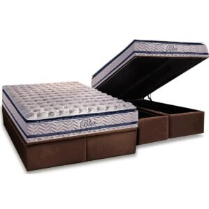 Colchão Queen Blue 32 cm H33 Molas Ensacadas + Base Baú Corino Marrom – PAROPAS + ALTO NÍVEL