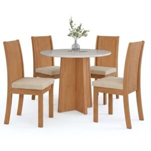 Mesa Redonda Celebrare 100 Amêndoa Clean/Off White com 4 Cadeiras Athenas Linho Bege – LOPAS