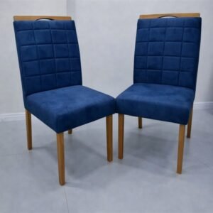 Mesa Maria 120 Imbuia/Off White com 4 Cadeiras Quartzo/Safira Veludo Azul – A&A CONCEITO + KM DECOR