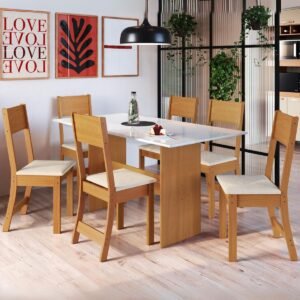 Mesa Karla 150 Freijó/Off White com 6 Cadeiras Linho Bege – INDÉKES
