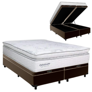 Colchão Queen New Freedom 32 cm D33 Molas Ensacadas + Base Baú Corino Marrom – ORTOBOM + ALTO NÍVEL