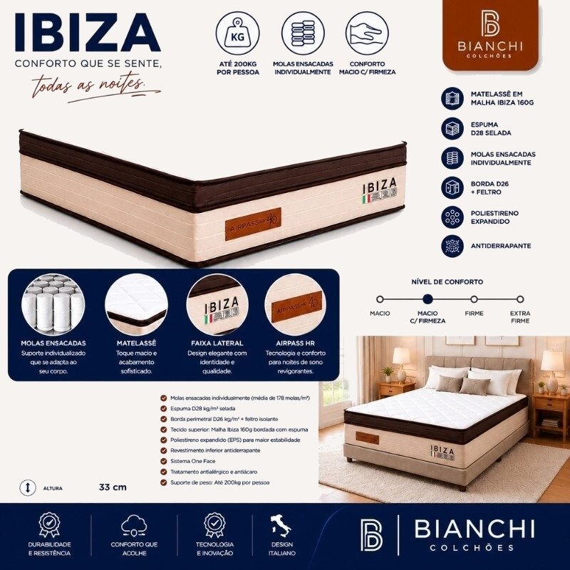 Colchão Queen Ibiza 33 cm D28 Molas Ensacadas - BIANCHI - Imagem 2