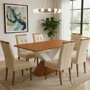 Mesa Amora BA35 160 (S/Vidro) Canela/Off White com 6 Cadeiras Sophia Linho Bege 200 – KAPPESBERG + WM DECOR