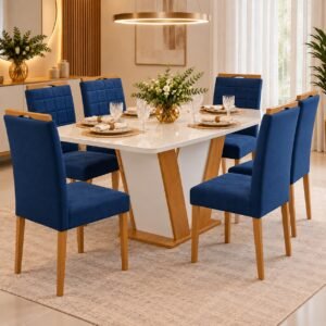 Mesa Qatar 160 (Tampo Londres c/ vidro) Off White/Cinamomo/Off White com 6 Cadeiras Quartzo/Safira Veludo Azul – CEL MÓVEIS + KM DECOR