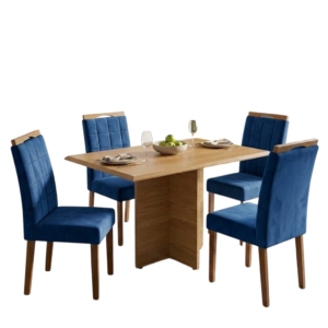 Mesa Pérola 120 Imbuia Mel (Tampo Viena s/vidro) com 4 Cadeiras Las Vegas Veludo Azul 24 – CARVALHO DECOR + OURO DECOR