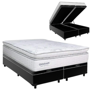 Colchão Queen New Freedom 32 cm D33 Molas Ensacadas + Base Baú Corino Preto – ORTOBOM + BIOSTAR