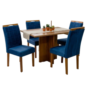Mesa Salinas 100 (Tampo Dakota s/vidro) Cinamomo/Off White com 4 Cadeiras Las Vegas Veludo Azul 24 – CEL MÓVEIS + OURO DECOR