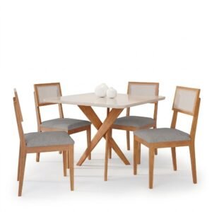 Mesa Cacau 95 (C/Vidro) Madeira/Off White com 4 Cadeiras Encanto Linho Cinza Grafite – CIMOL