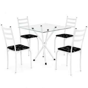 Mesa 4 Cadeiras Marabá (Tampo Vidro Quadrado) Branco/Preto Lírio – TEIXEIRA